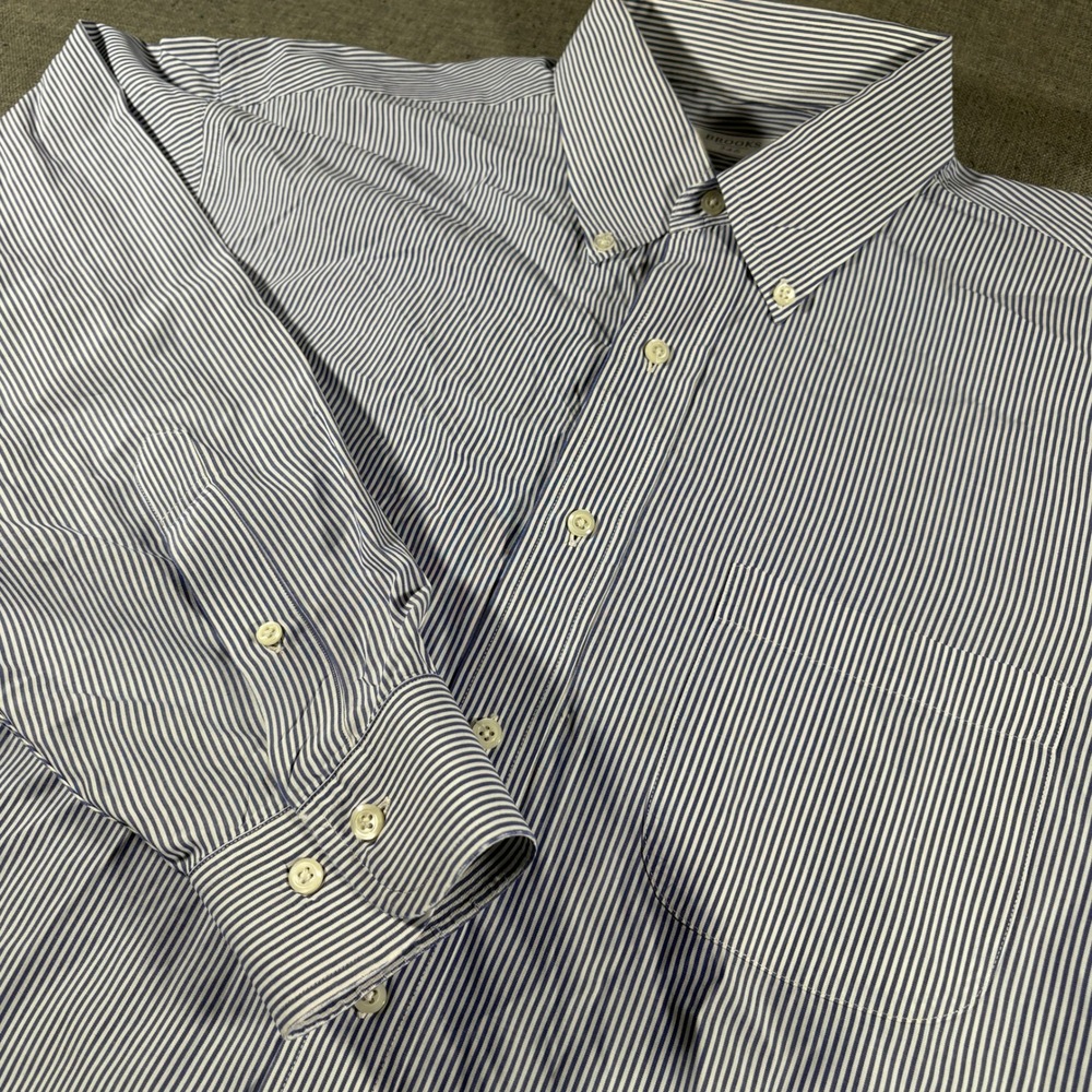 Brooks 346 Dress Shirt Mens 17-32/33 Blue White Striped Button Down Cotton